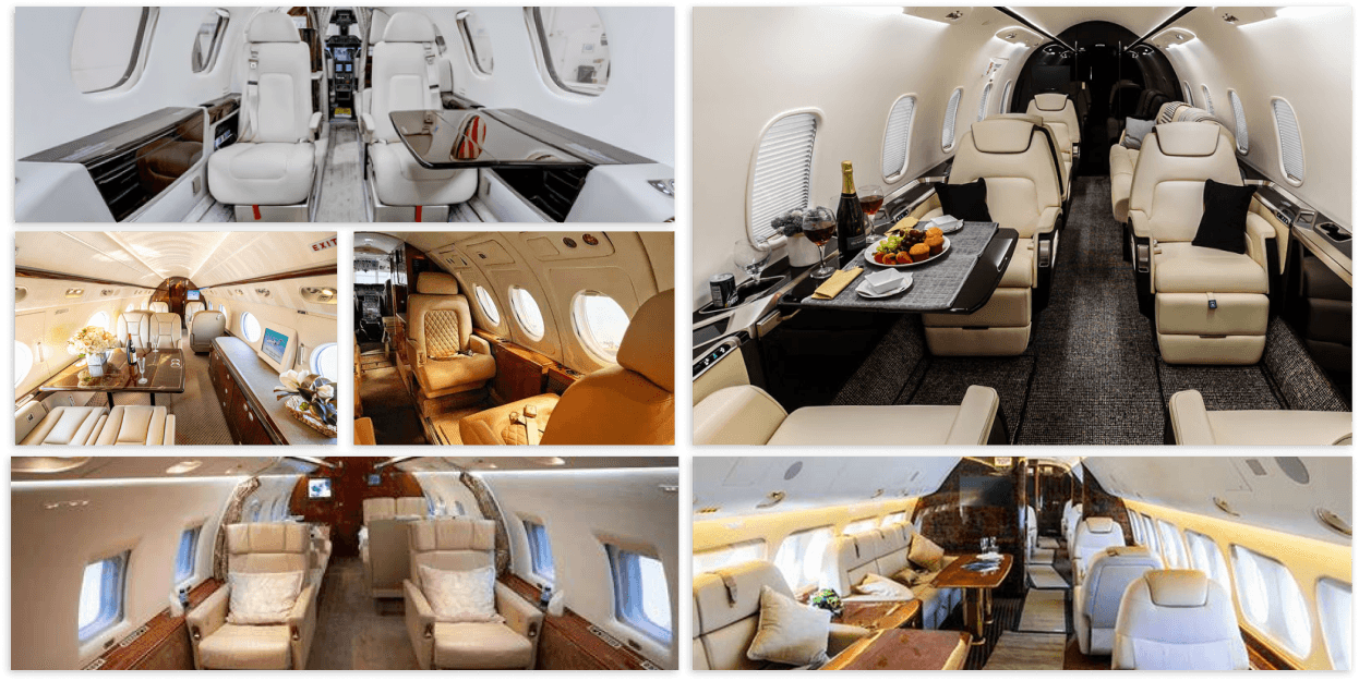 suite of pictures showing pictures of the inside of a private jet