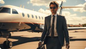 a man walking away from a private jet looking satisfied